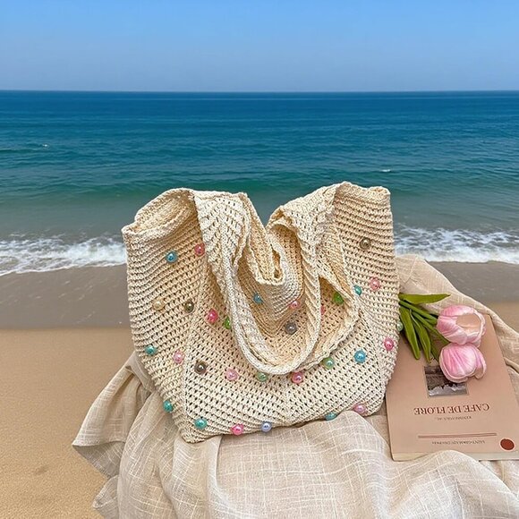 Boho Crochet Beach Bag Tote Large Capacity Summer Travel Gift - Picture 5 of 8